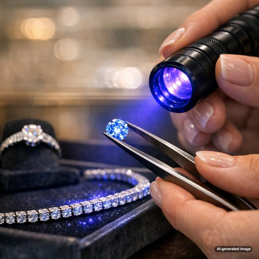 A stunning close-up of a diamond glowing with blue fluorescence under UV light, illustrating its unique beauty and value.