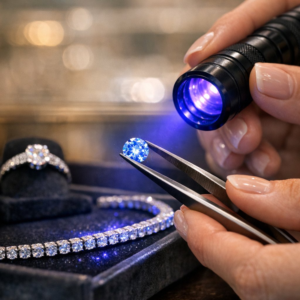 A stunning close-up of a diamond glowing with blue fluorescence under UV light, illustrating its unique beauty and value.