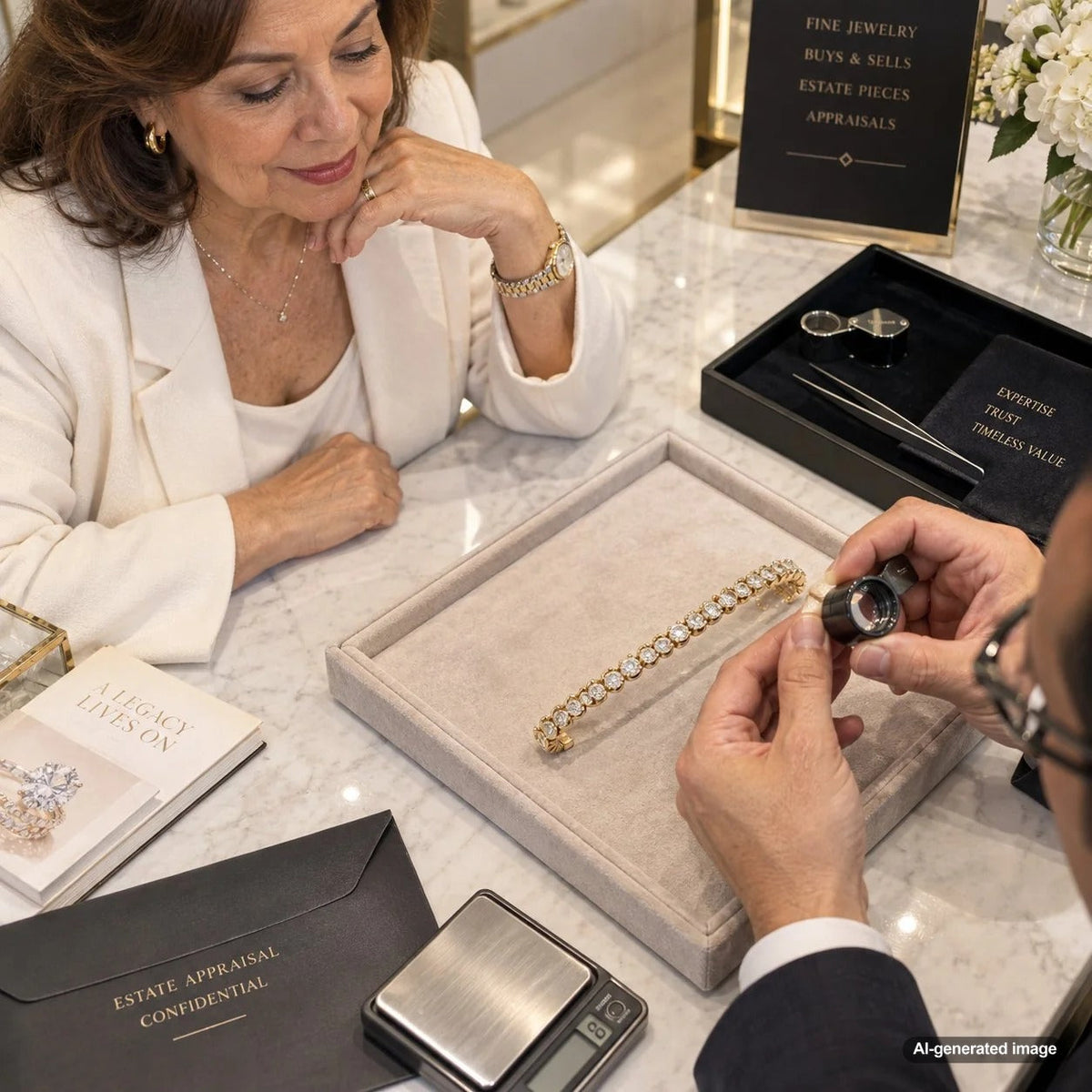 Estate bracelet being carefully evaluated by a jeweler for precious metal, gemstones, condition, maker, and resale value