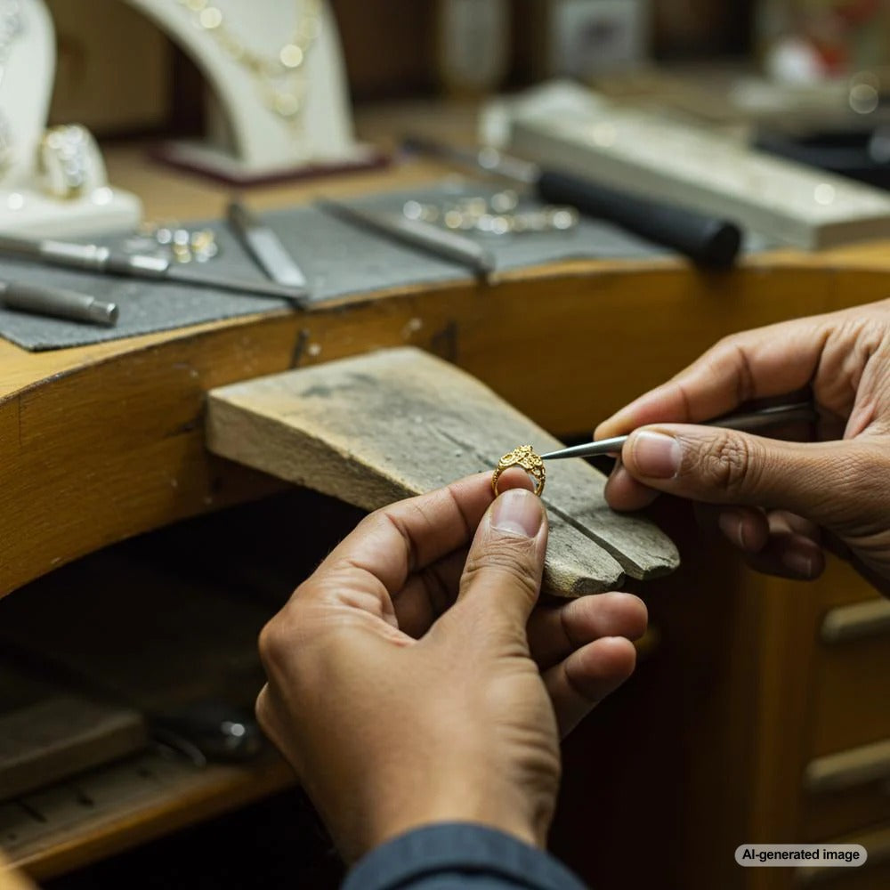 A close-up of a jeweler resizing a ring with precision tools