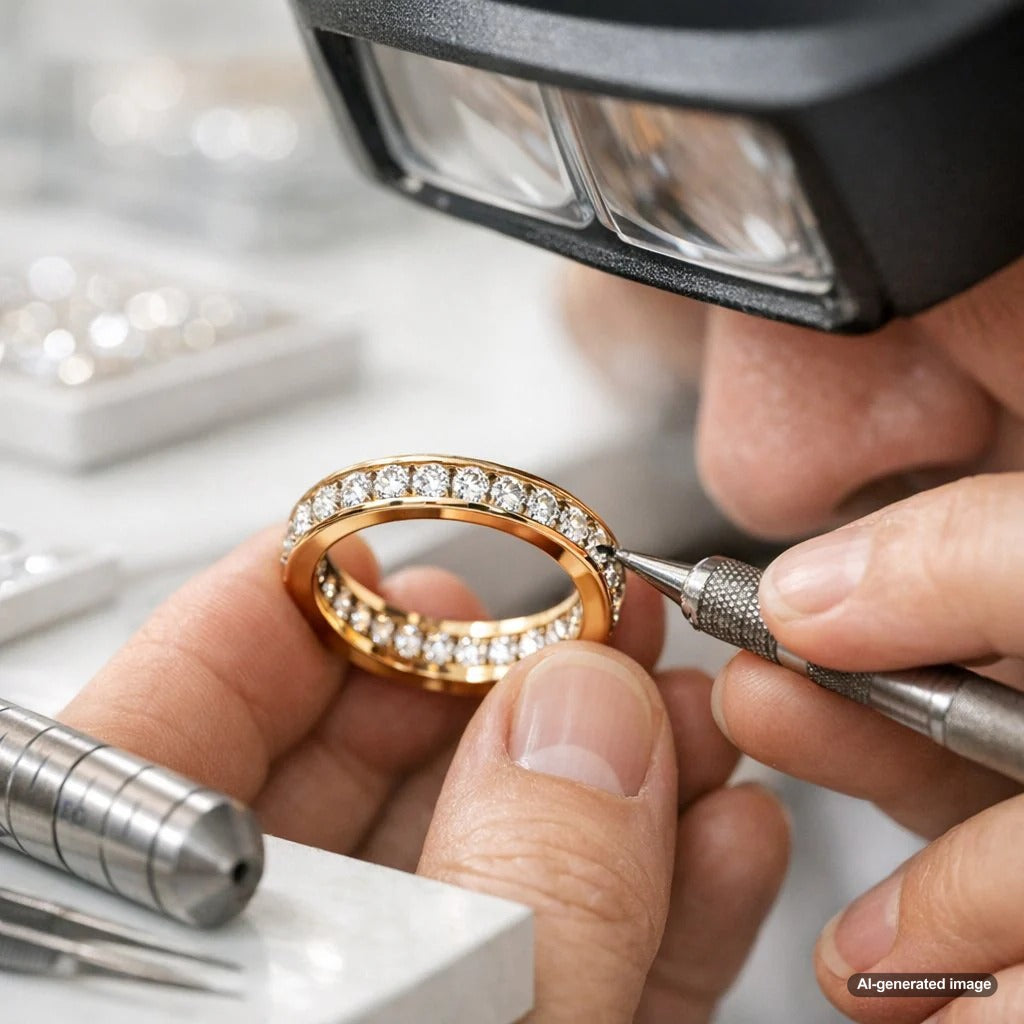 Close-up photo of a master jeweler's hands using precision tools to work on a sparkling channel-set diamond eternity band.