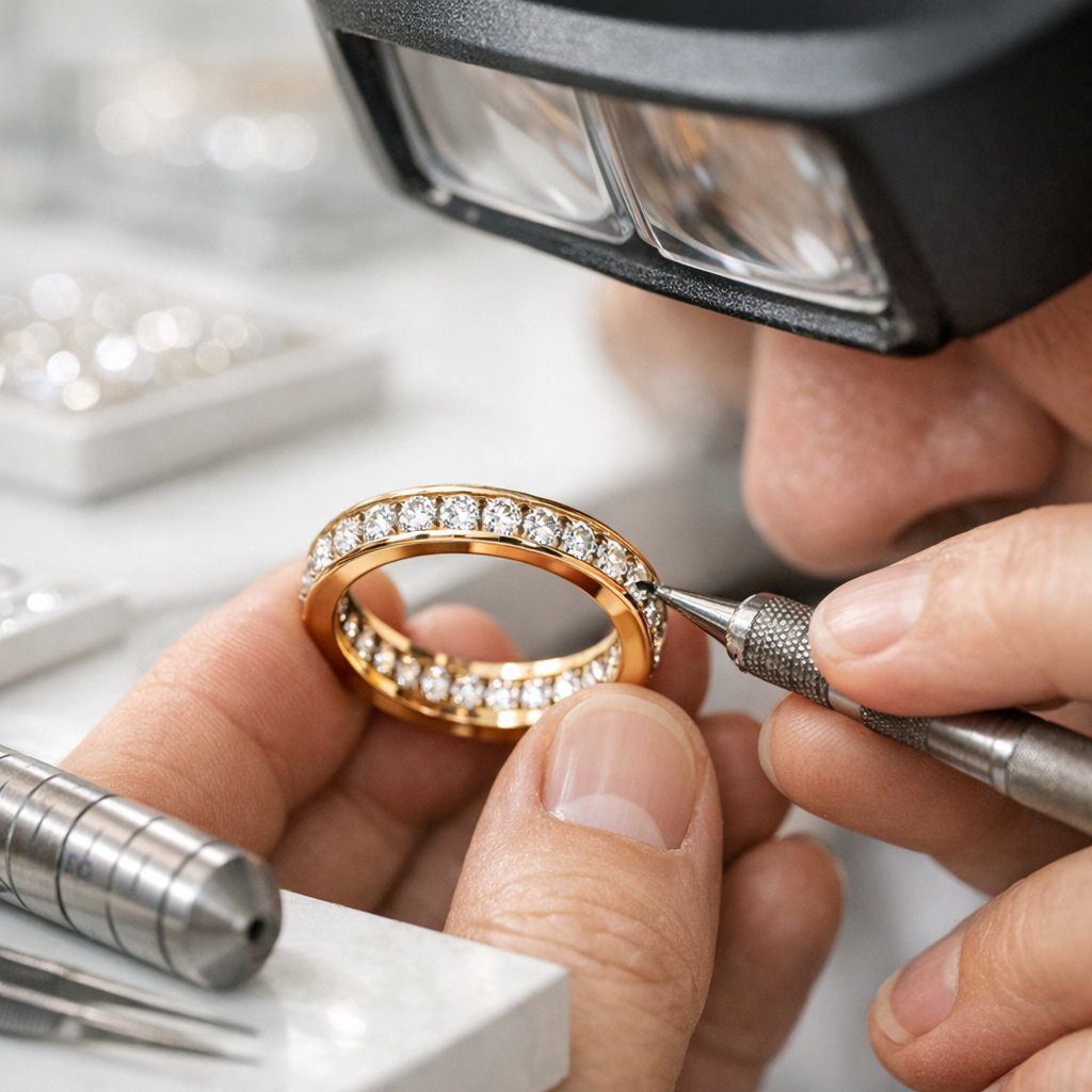 Close-up photo of a master jeweler's hands using precision tools to work on a sparkling channel-set diamond eternity band.