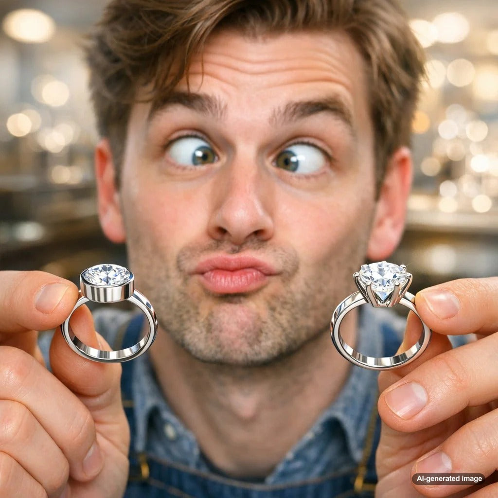 Close-up comparison of a bezel set ring and a prong set ring, highlighting the difference in security and style.