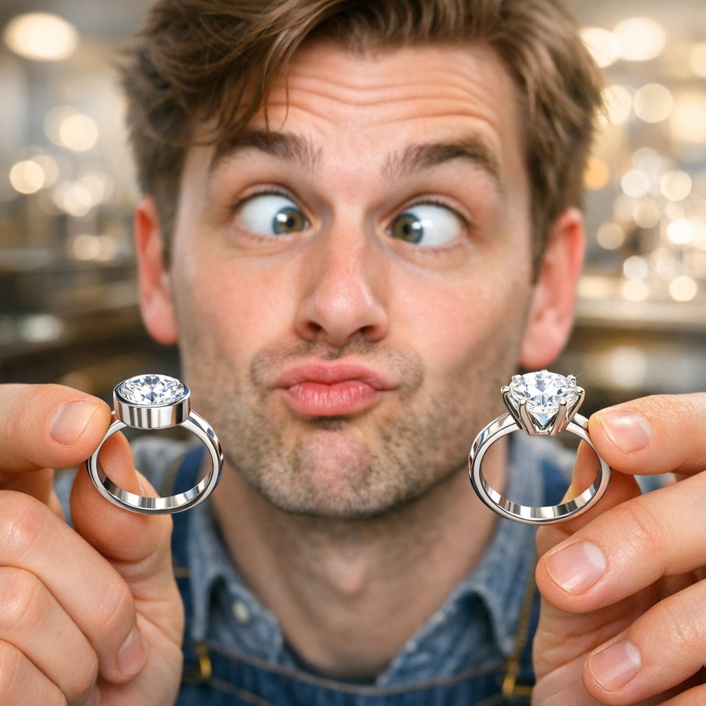 Close-up comparison of a bezel set ring and a prong set ring, highlighting the difference in security and style.