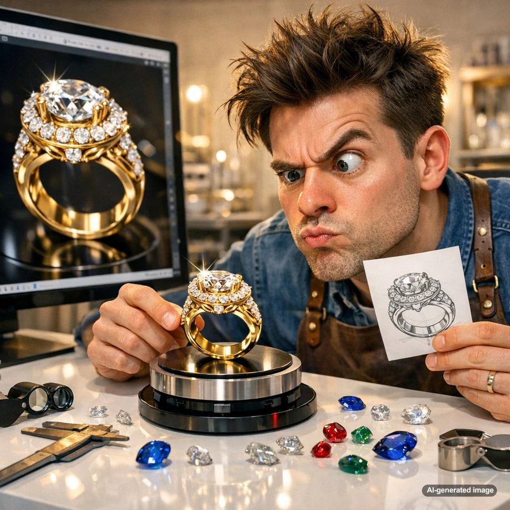 A jewelry designer's hand holding a detailed wax ring prototype next to a computer screen showing the 3D CAD model, illustrating the journey from digital design to physical form.