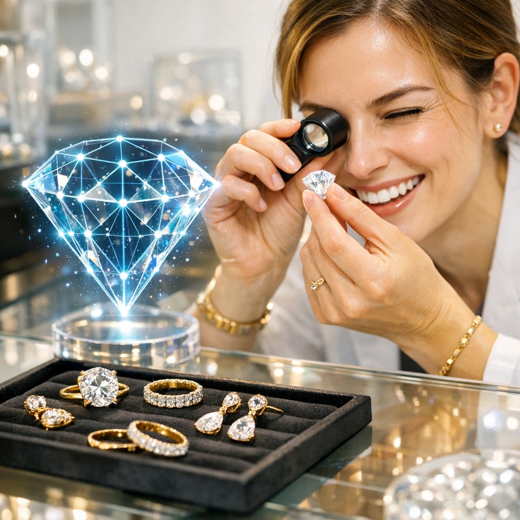 An educational illustration showing a diamond's atomic crystal structure and its transformation into a brilliantly cut polished gemstone.