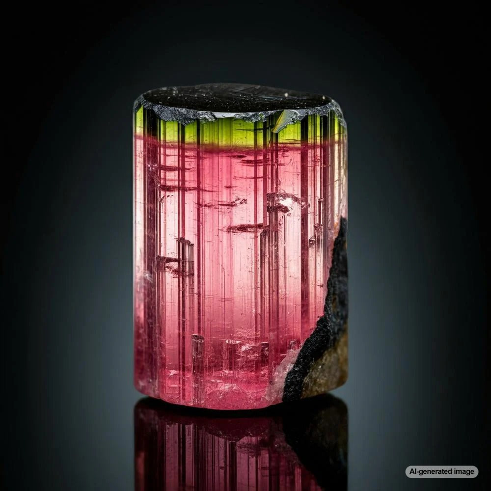 Close-up of a watermelon tourmaline crystal showcasing its pink core and green outer layer