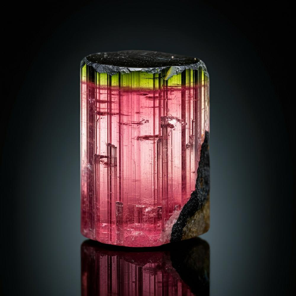 Close-up of a watermelon tourmaline crystal showcasing its pink core and green outer layer