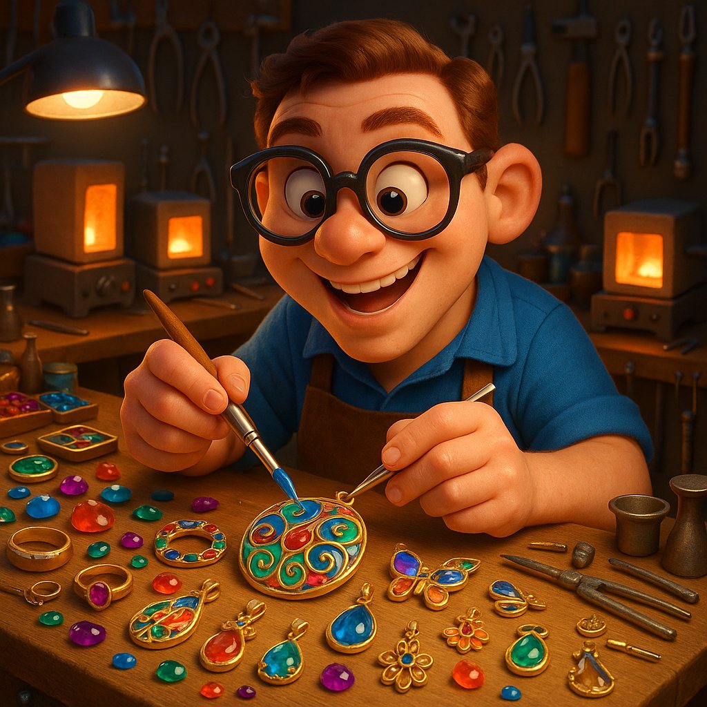 Close-up of vibrant enamel jewelry being crafted, showing the application of colored glass powder onto metal before firing.