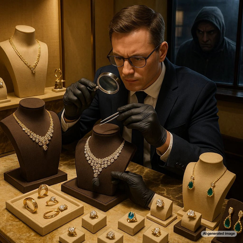Forensic tools analyzing precious jewelry with magnifying glass and gemstones