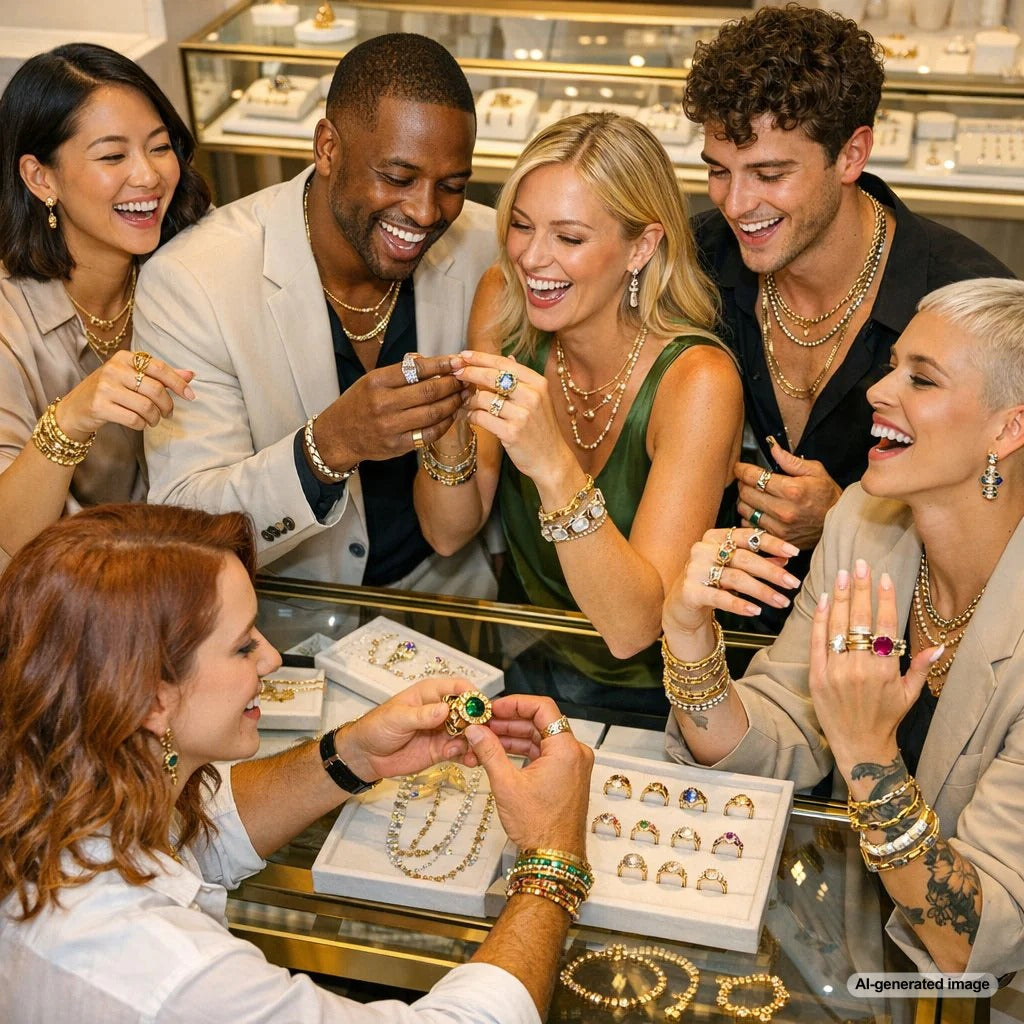 A person's hands showcasing a collection of modern, gender-fluid jewelry including stackable rings and a chain bracelet from Robinson's Jewelers.