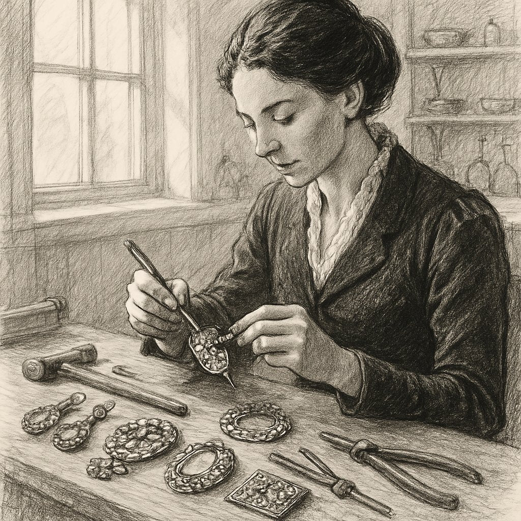 Close-up of intricate Georgian-style gold cannetille work and gemstone setting being crafted by modern artisan hands