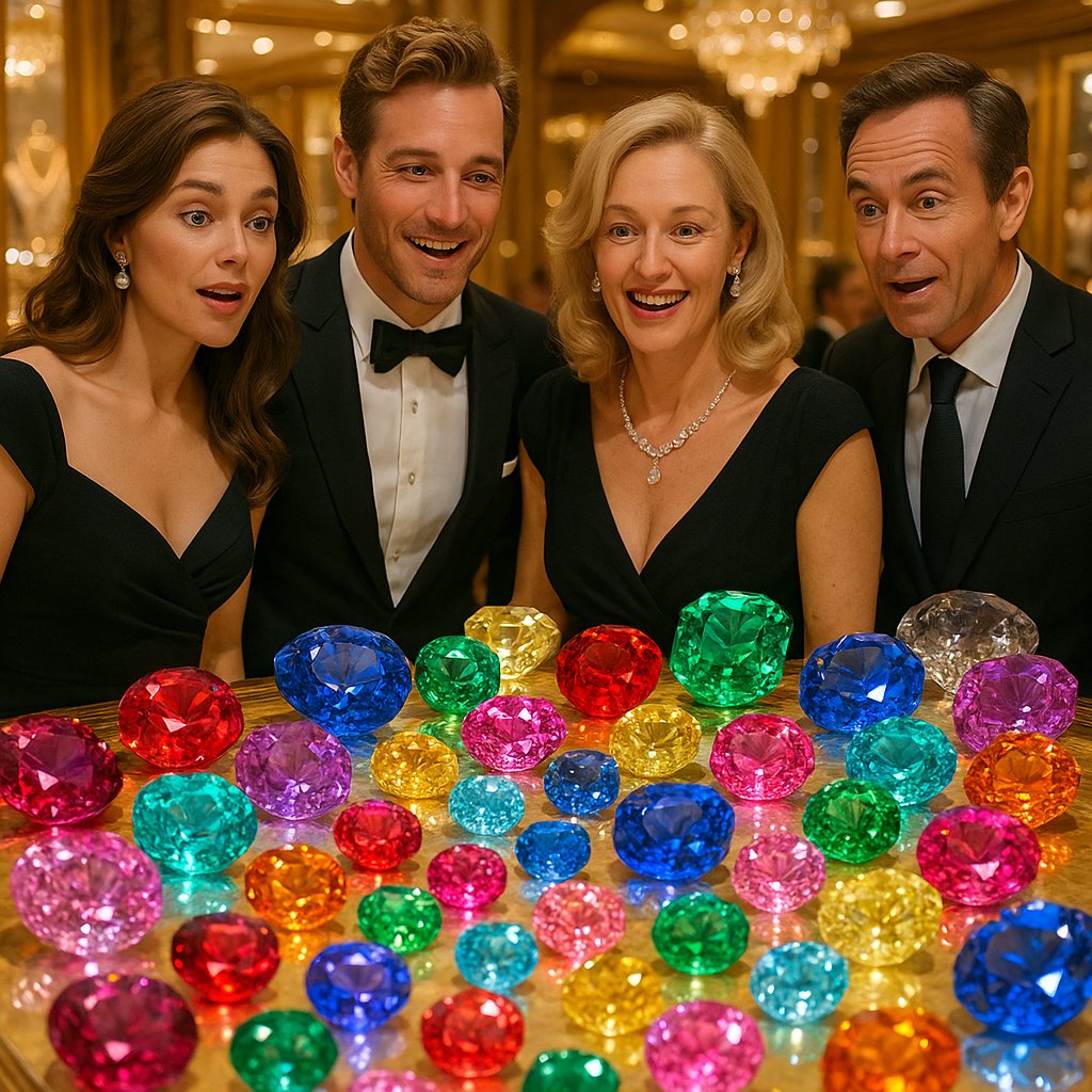 An assortment of colorful gemstones including emeralds, rubies, and sapphires displayed at Robinson's Jewelers