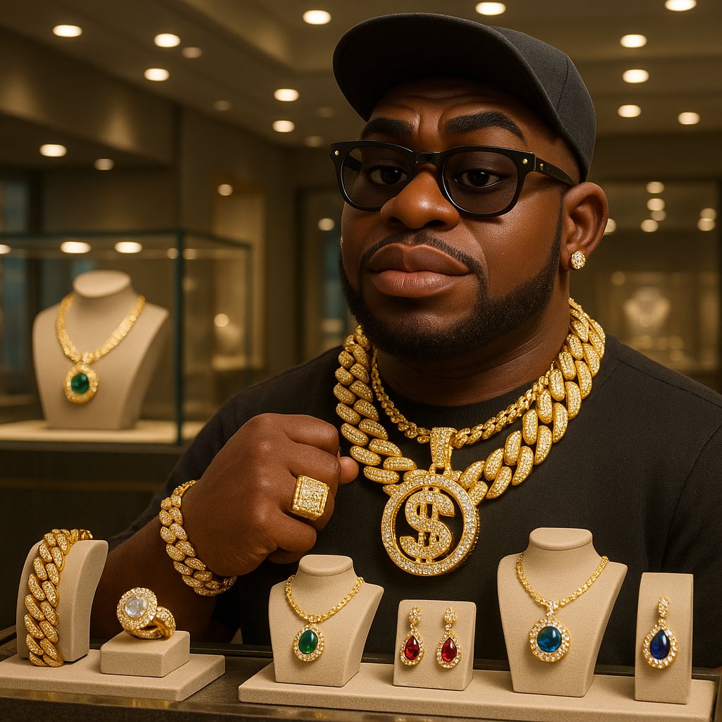 Collection of luxury hip-hop inspired jewelry including diamond chains, rings, and watches displayed at Robinson's Jewelers