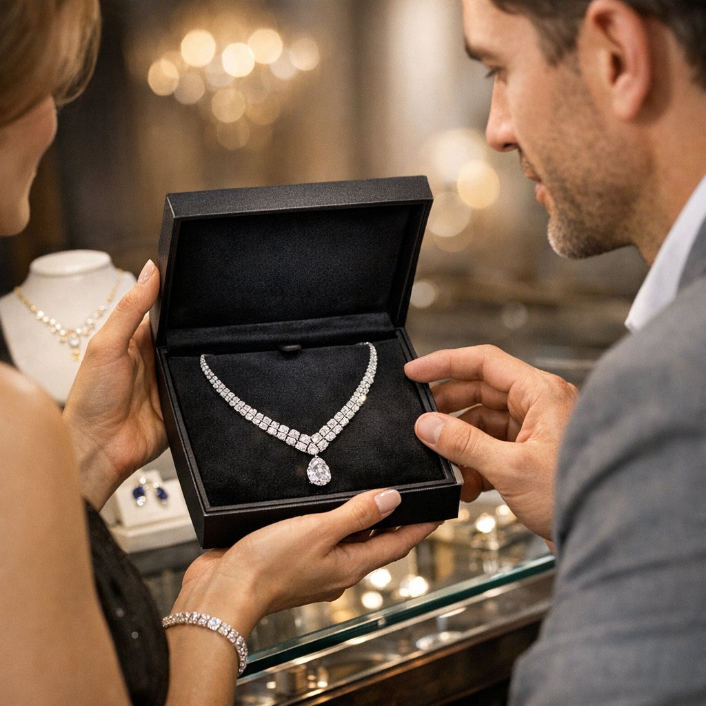 A close-up shot of a woman's hand wearing a sparkling diamond cocktail ring and stacking bangle bracelets on a velvet surface representing TikTok jewelry content.