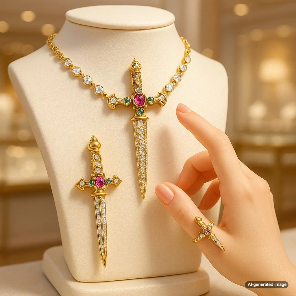 A stunning close-up of a diamond-encrusted dagger pendant necklace on a model, showcasing the elegant and edgy design.