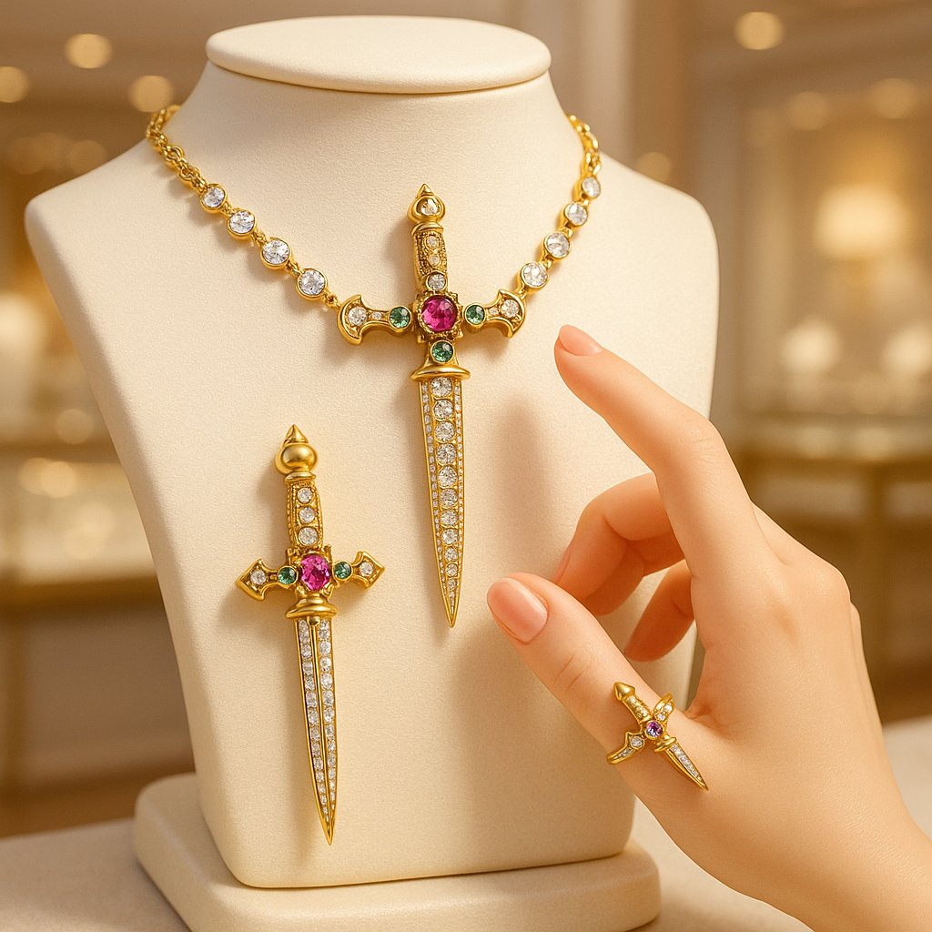 A stunning close-up of a diamond-encrusted dagger pendant necklace on a model, showcasing the elegant and edgy design.