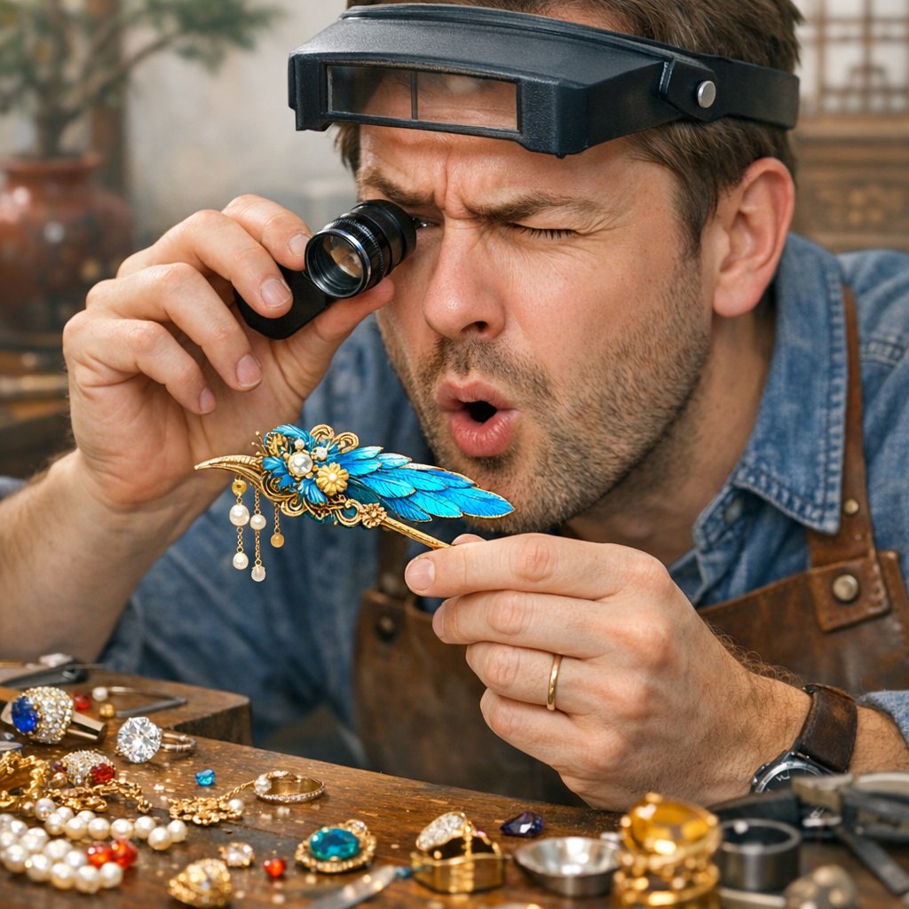 Close-up of traditional Chinese kingfisher feather diancui jewelry showing brilliant blue feathers inlaid in intricate gold filigree