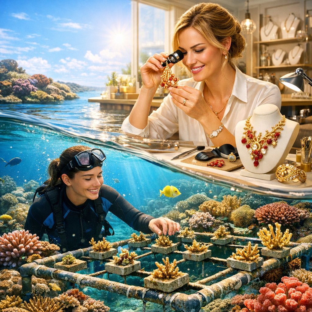 A woman wearing a sustainable peach-colored gemstone ring and a gold bracelet, representing ethical alternatives to coral jewelry.