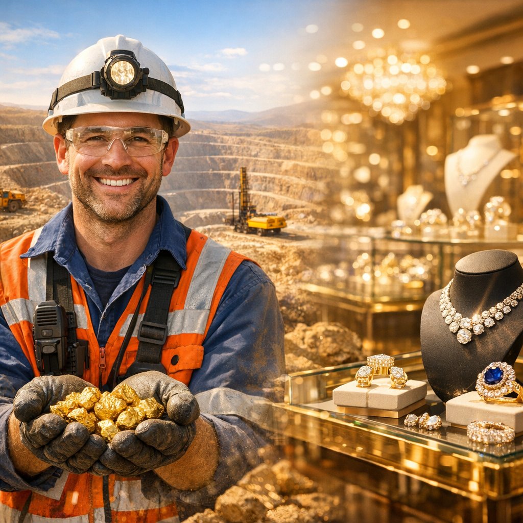 A detailed infographic showing the step-by-step process of modern gold mining, from exploration to refined gold bars