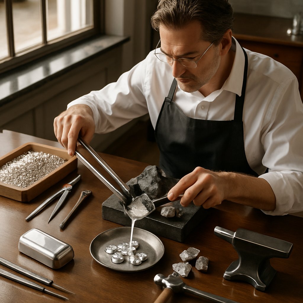 Close-up of brilliant, high-purity silver crystals formed during the electrolytic refining process, showing their textured, radiant surface.