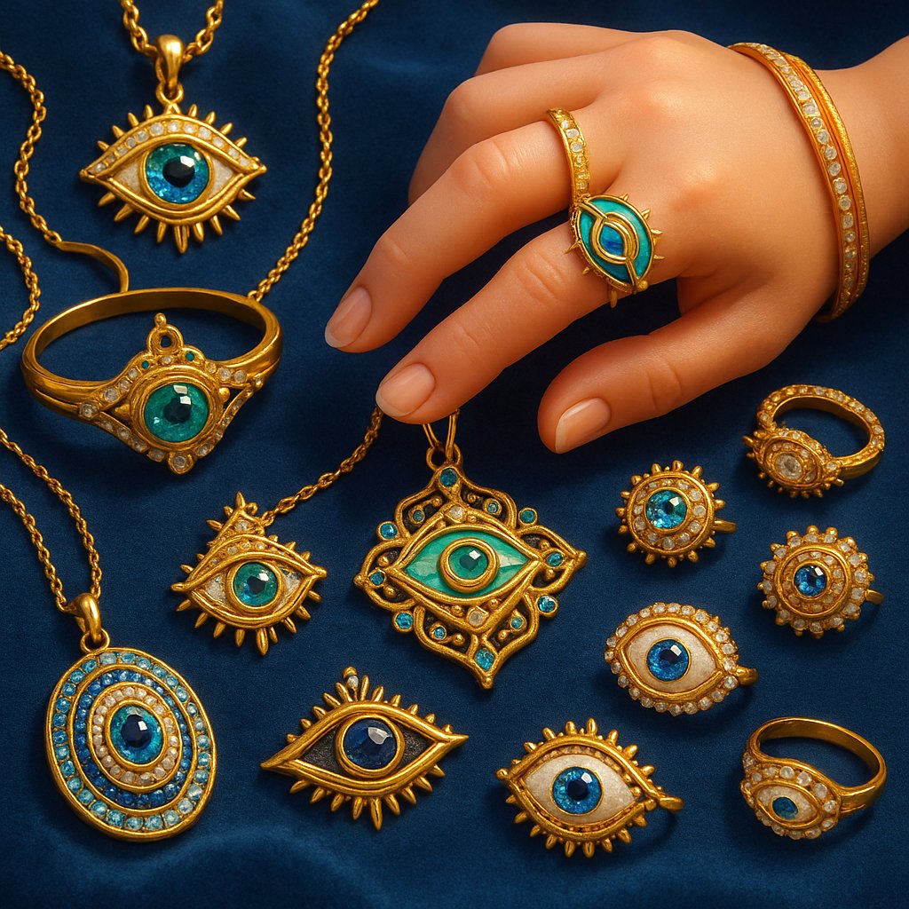 Stylish comparison of evil eye jewelry and eye motif designs featuring necklaces, bracelets and rings