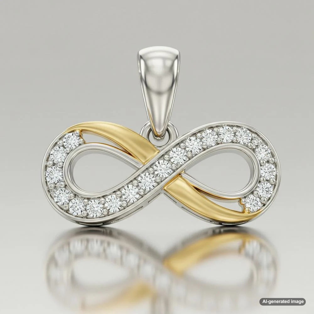 Elegant infinity symbol jewelry featuring a diamond-studded infinity necklace on a velvet display