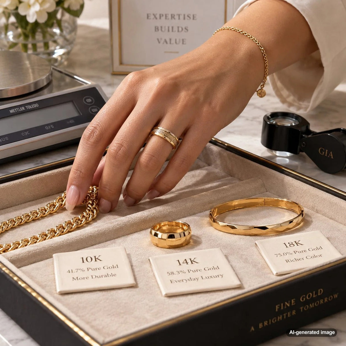 10K, 14K, and 18K gold jewelry illustrating how gold purity and weight affect selling value