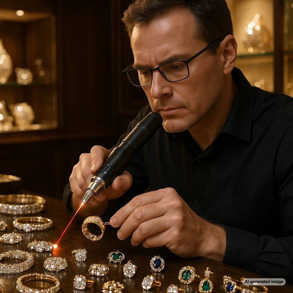 Close-up of jeweler using laser technology on an intricate gold ring