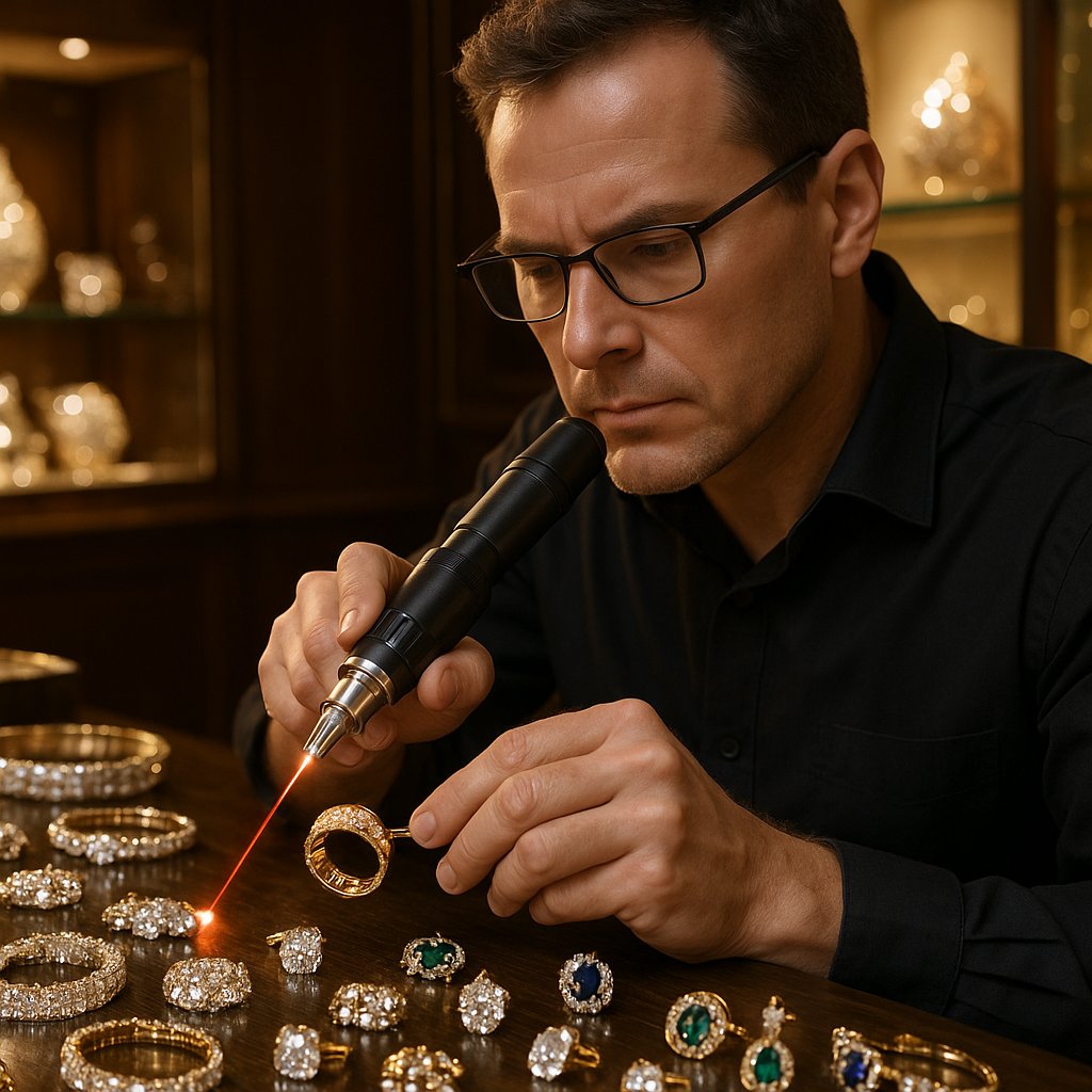 Close-up of jeweler using laser technology on an intricate gold ring