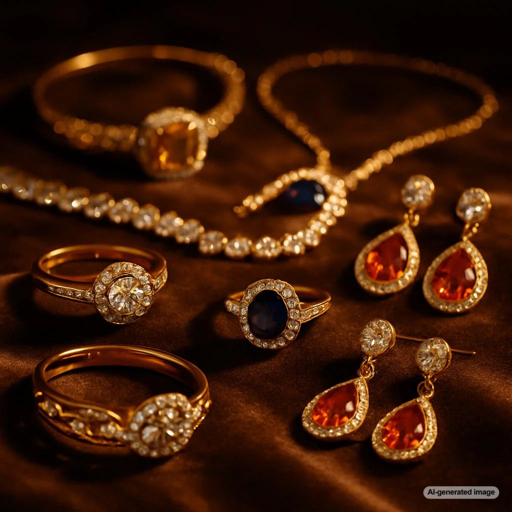Woman wearing elegant diamond earrings and necklace making confident eye contact