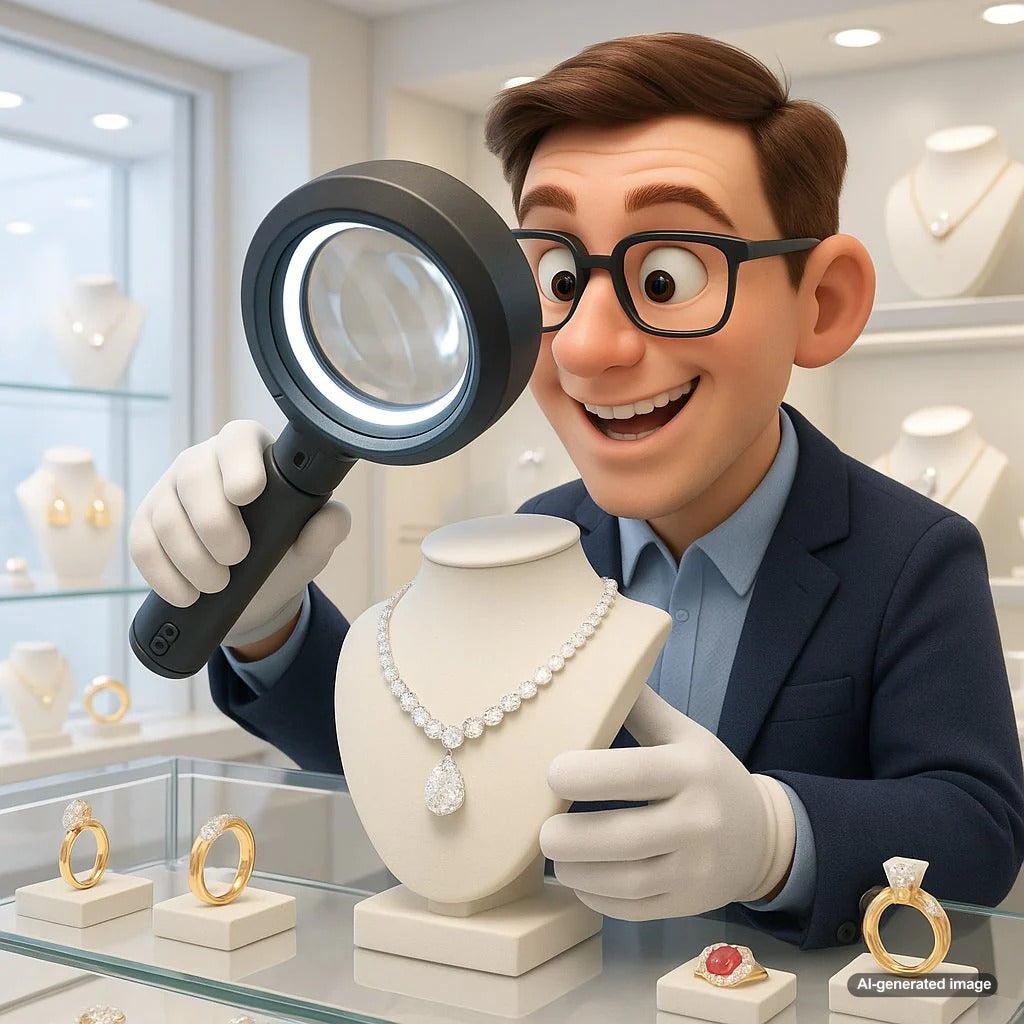 Close-up of a jeweler using a loupe to authenticate a diamond ring with various gemological tools visible