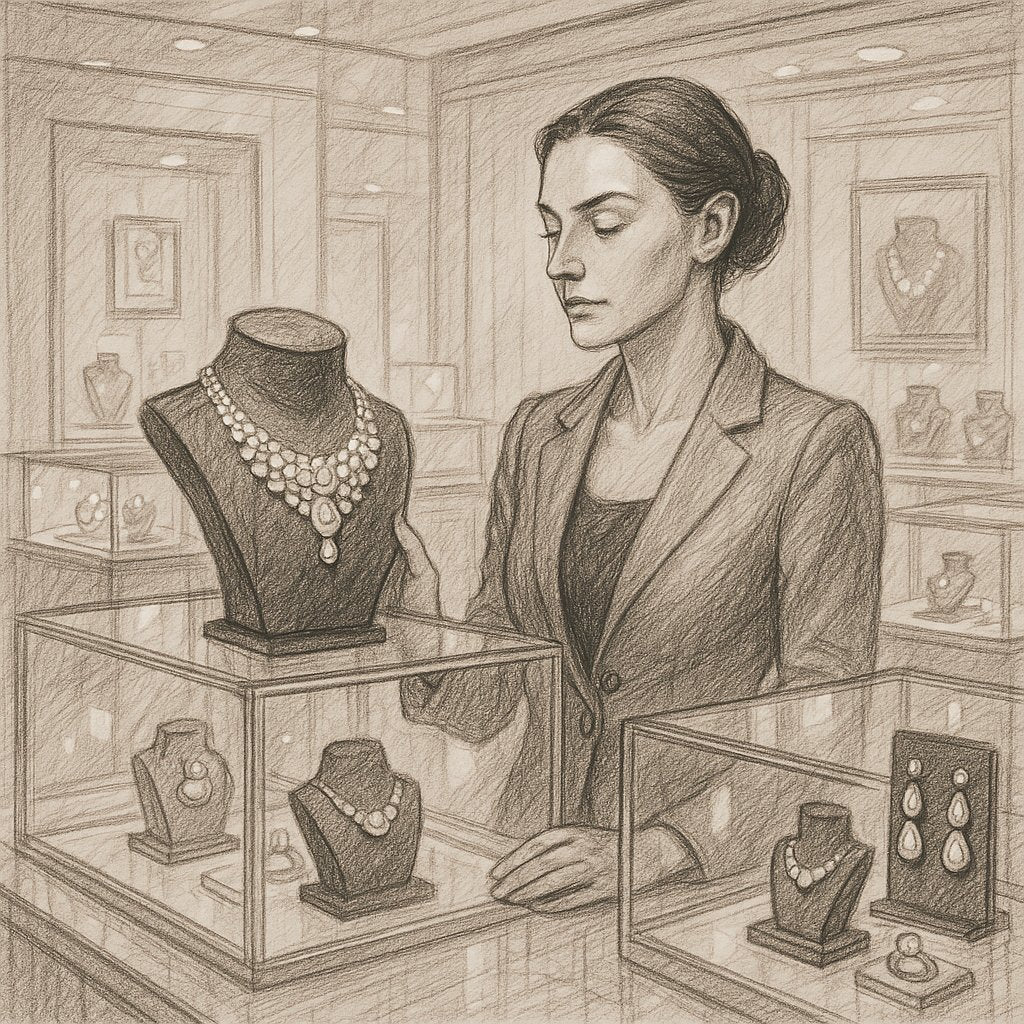 Woman confidently wearing elegant diamond jewelry with a radiant smile