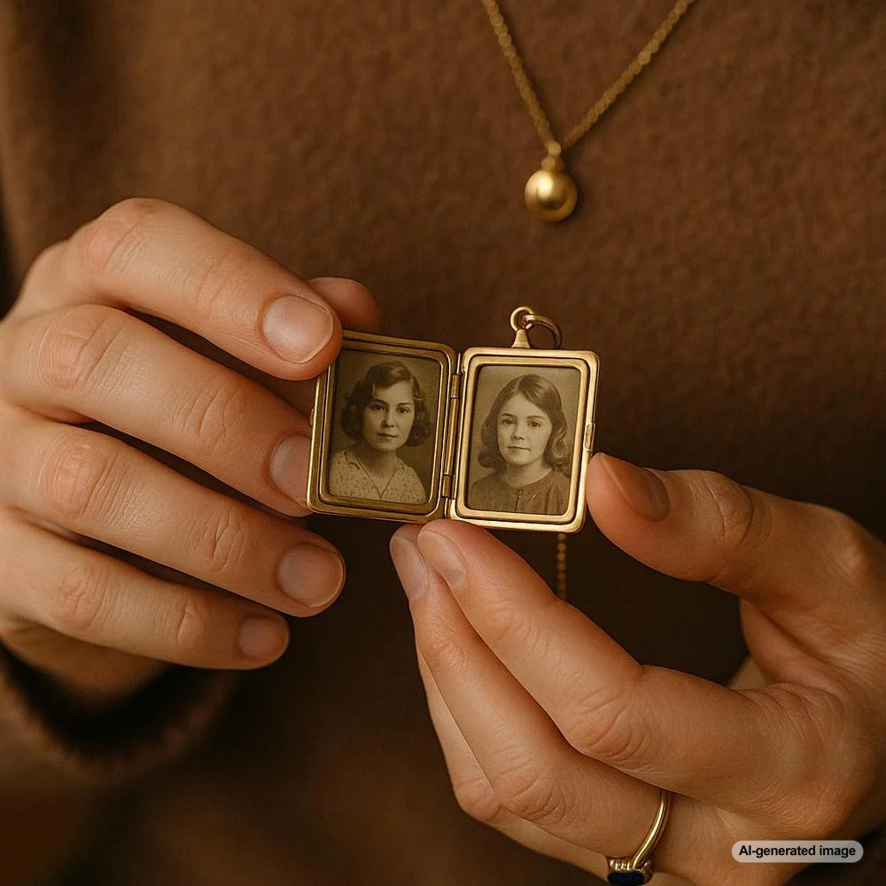 A woman wearing a meaningful necklace while holding a vintage jewelry box, symbolizing the personal stories behind jewelry