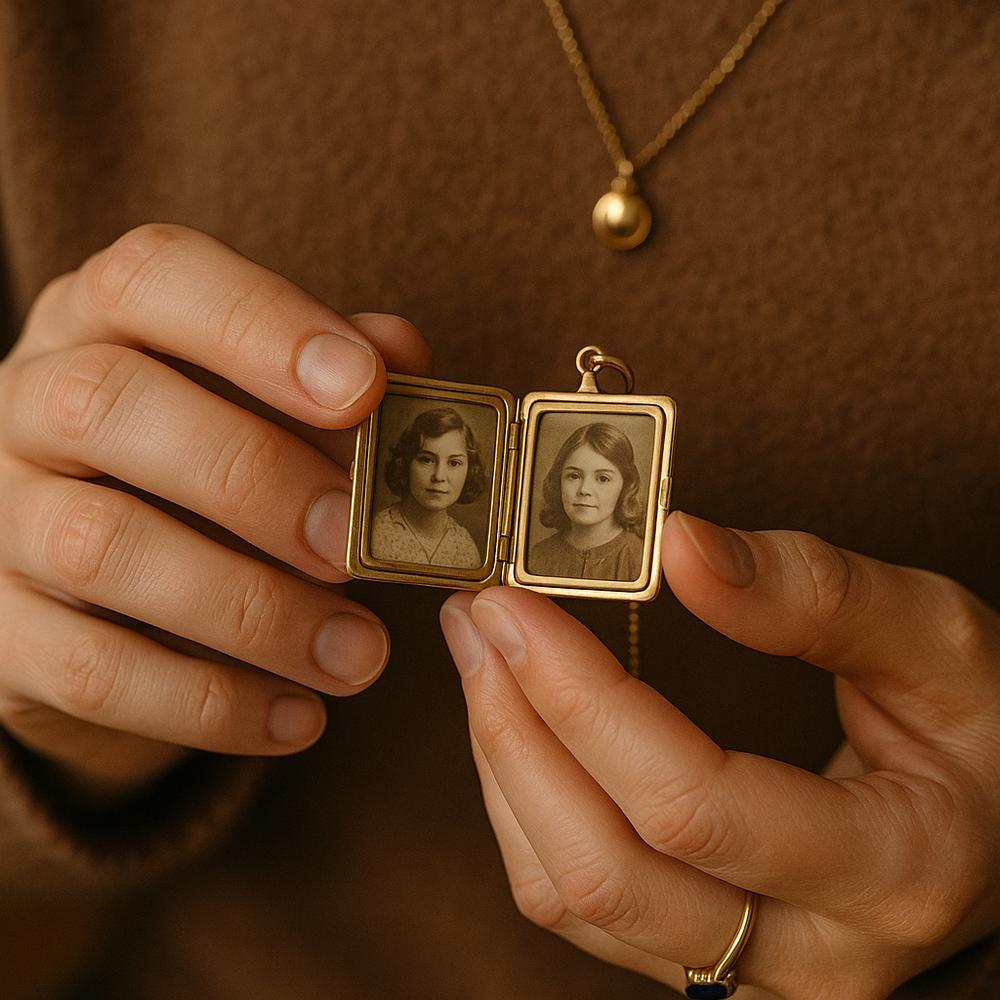 A woman wearing a meaningful necklace while holding a vintage jewelry box, symbolizing the personal stories behind jewelry