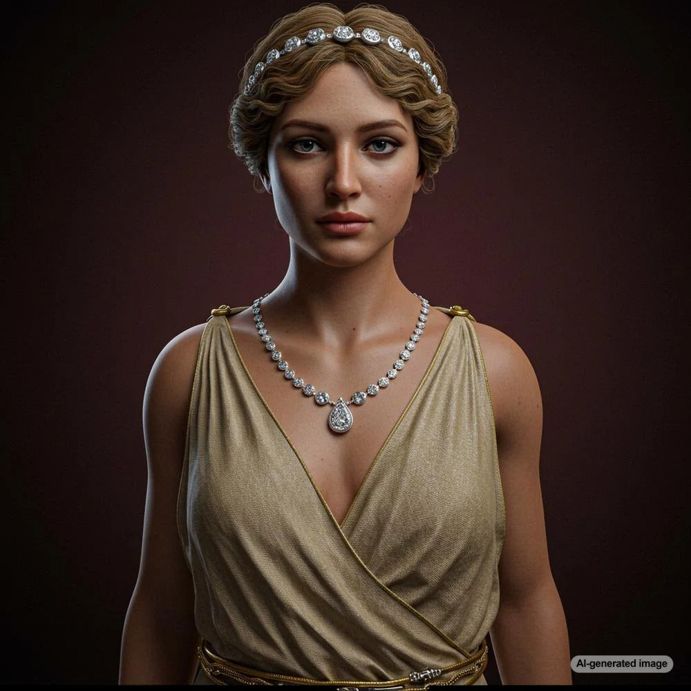 Ancient Greek jewelry featuring gold necklaces, amethyst rings, and mythological motifs