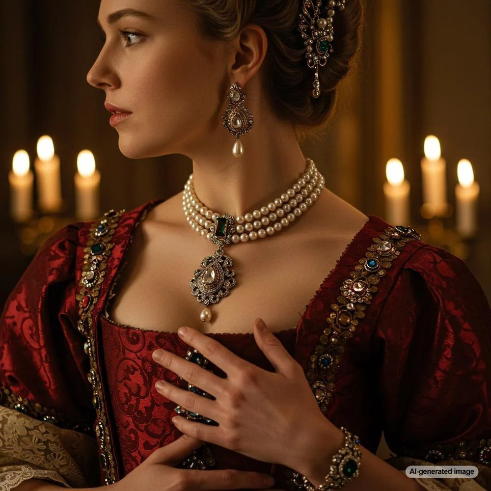A luxurious Baroque-era pearl and gemstone necklace showcasing the opulence of the period.