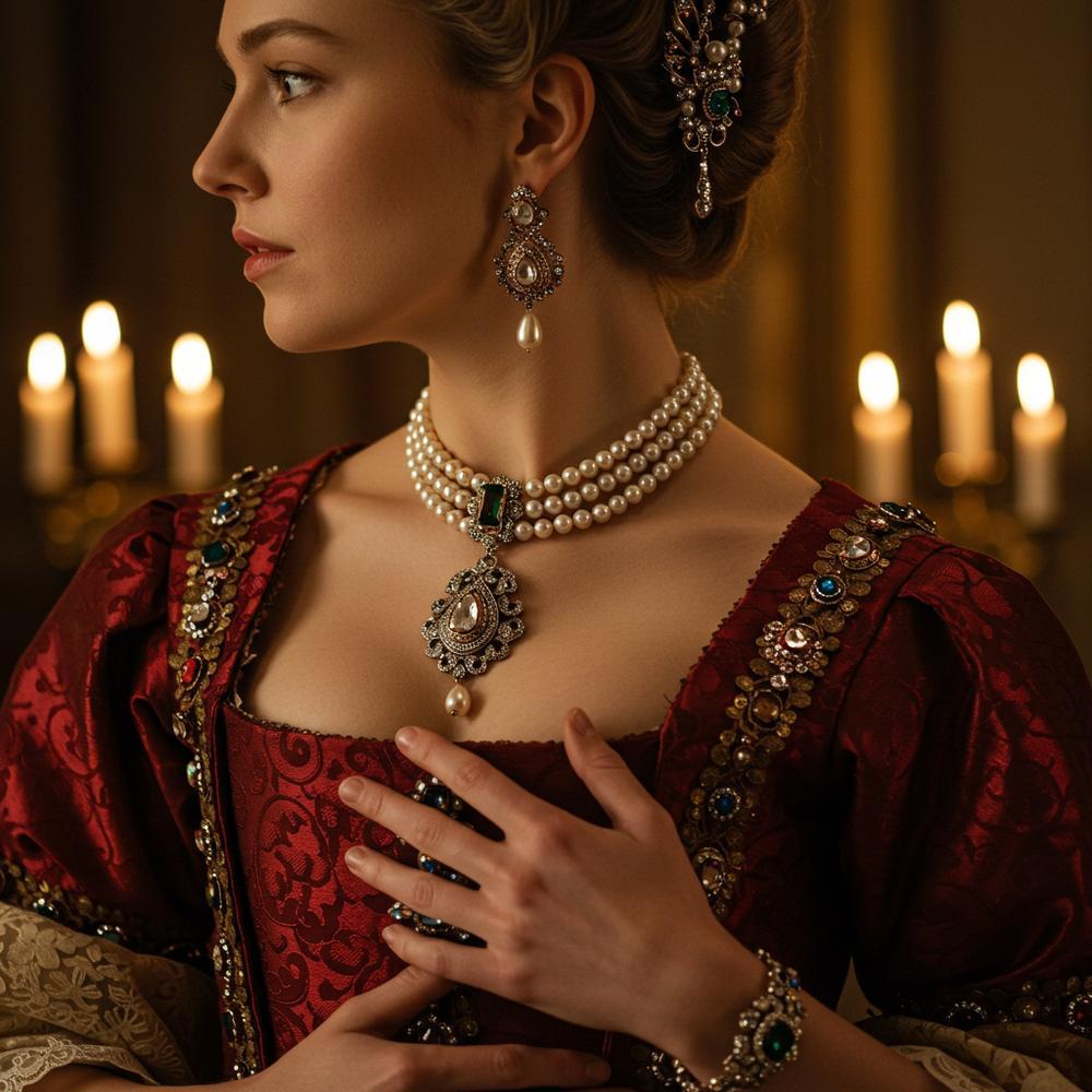 A luxurious Baroque-era pearl and gemstone necklace showcasing the opulence of the period.