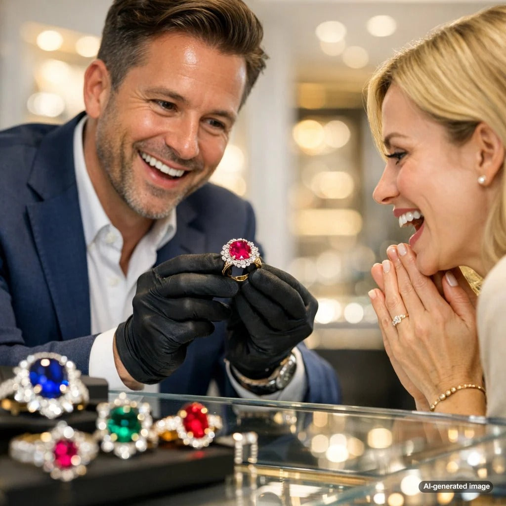 A dazzling array of lab-grown colored gemstone rings and earrings showcasing a vibrant rainbow of hues including ruby red, emerald green, and sapphire blue.