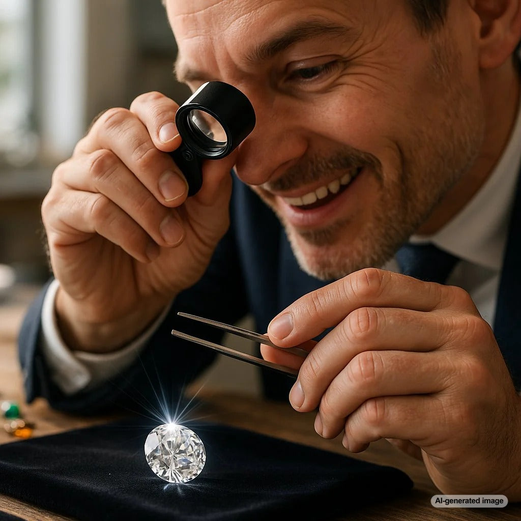 Close-up view of a diamond under a jeweler's loupe, highlighting internal clarity characteristics and the concept of diamond grading.