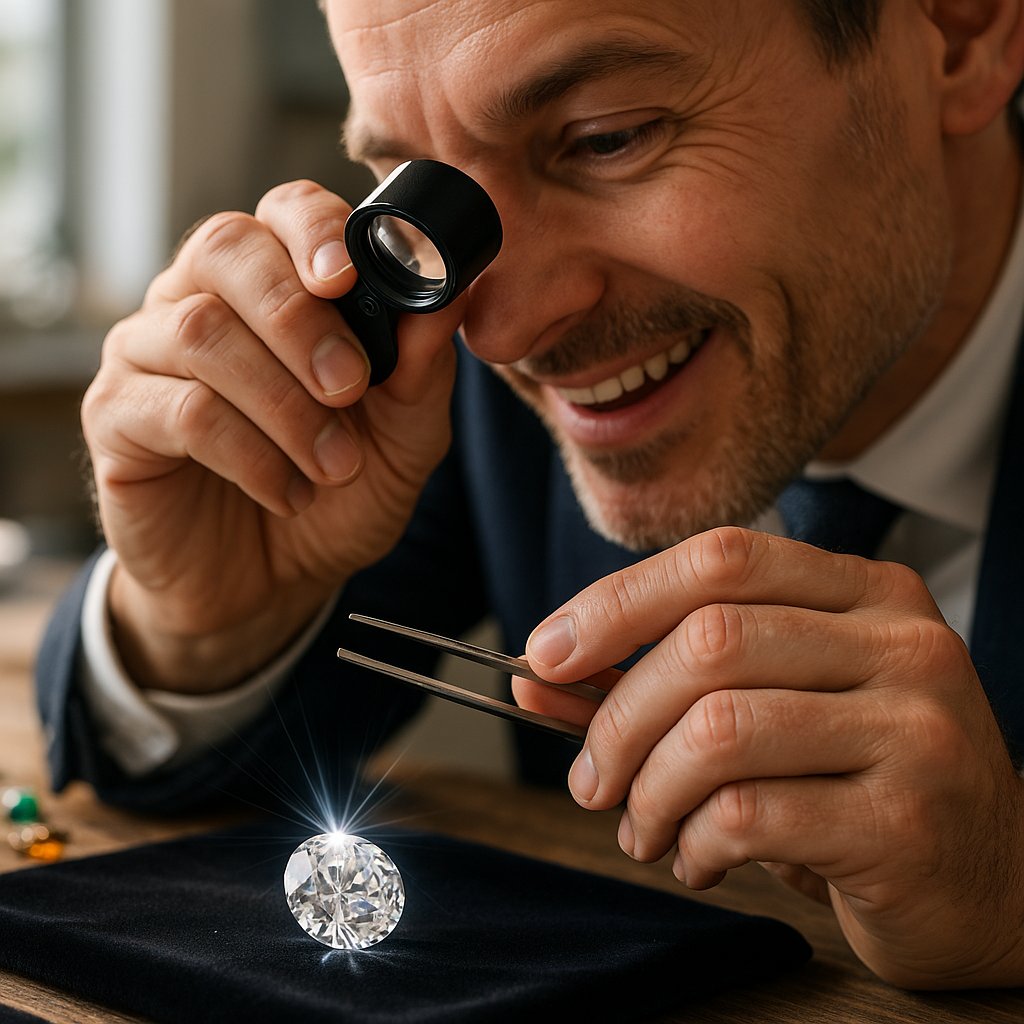Close-up view of a diamond under a jeweler's loupe, highlighting internal clarity characteristics and the concept of diamond grading.