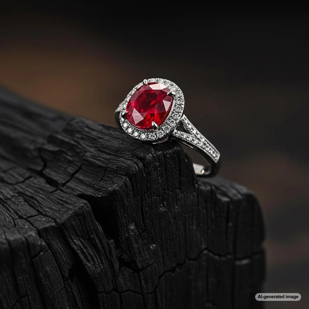 A close-up of a stunning ruby gemstone set in an elegant gold ring, showcasing its deep red color and brilliance.