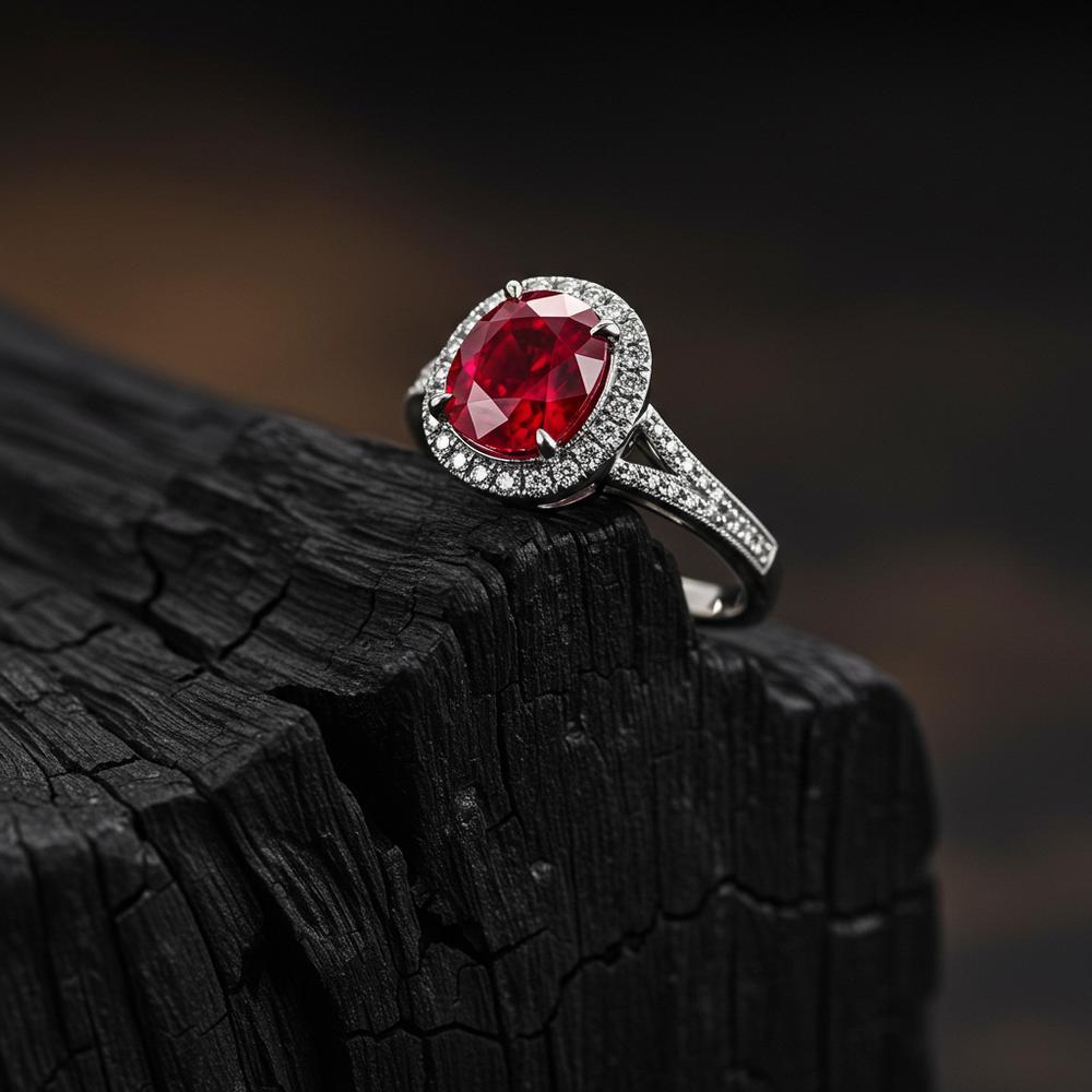 A close-up of a stunning ruby gemstone set in an elegant gold ring, showcasing its deep red color and brilliance.