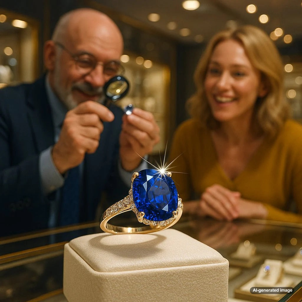 A stunning close-up of a deep blue raw sapphire crystal next to a beautifully faceted and polished sapphire gemstone, showing its transformation from Earth's creation to a piece of fine jewelry.