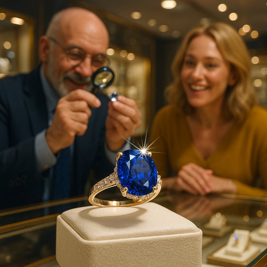 A stunning close-up of a deep blue raw sapphire crystal next to a beautifully faceted and polished sapphire gemstone, showing its transformation from Earth's creation to a piece of fine jewelry.