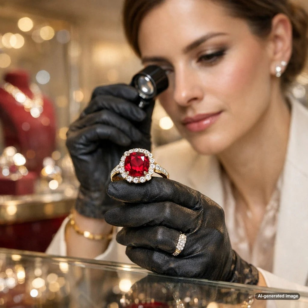 Close-up of a magnificent raw ruby crystal embedded in rock, showcasing its natural hexagonal form and deep red color, next to a brilliant cut and polished ruby gemstone.