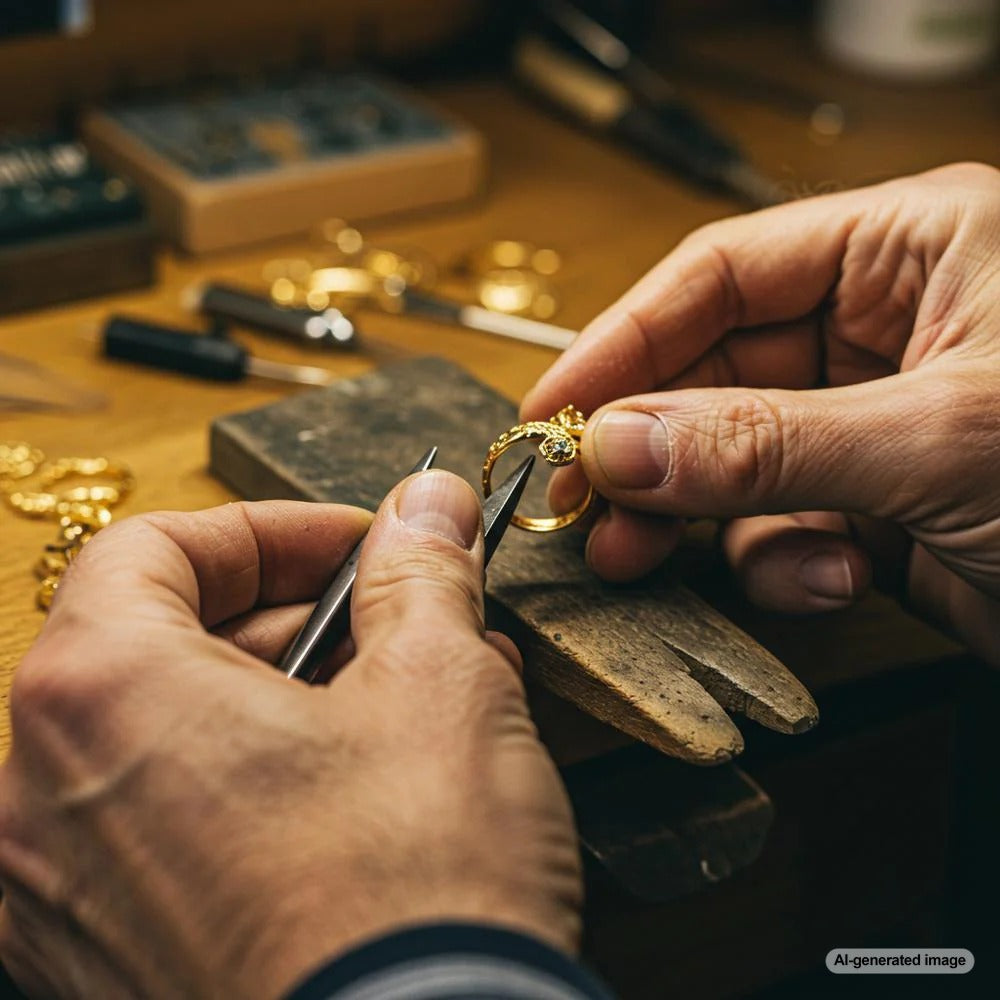 Professional jeweler resizing a ring at Robinson's Jewelers workbench