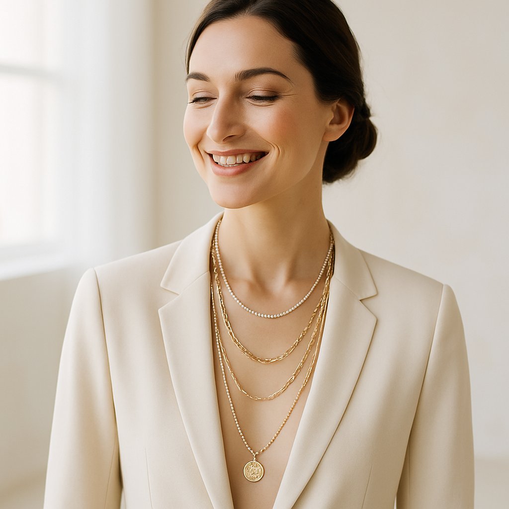 Elegant layered necklaces featuring gold chains, diamond pendants, and gemstone accents