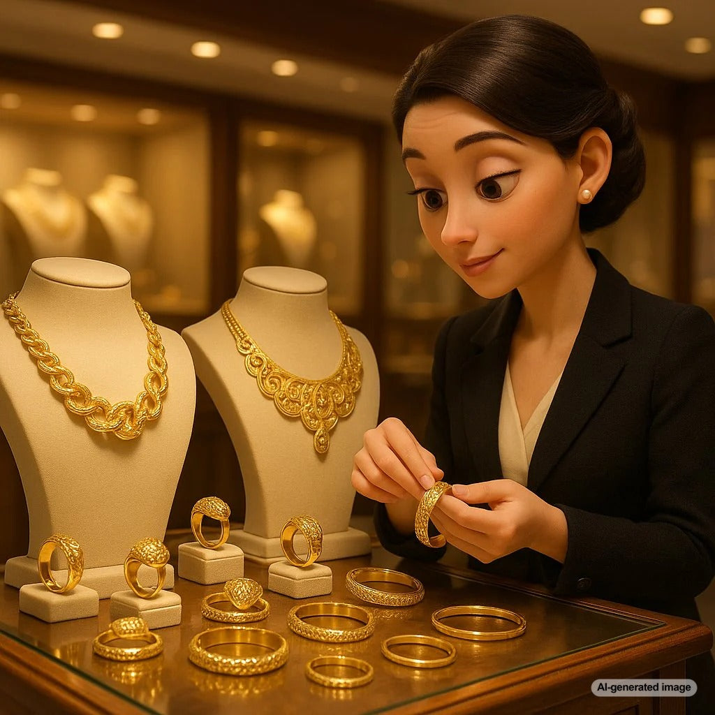 Stack of gold bars and jewelry with measuring scale showing gold selling limits