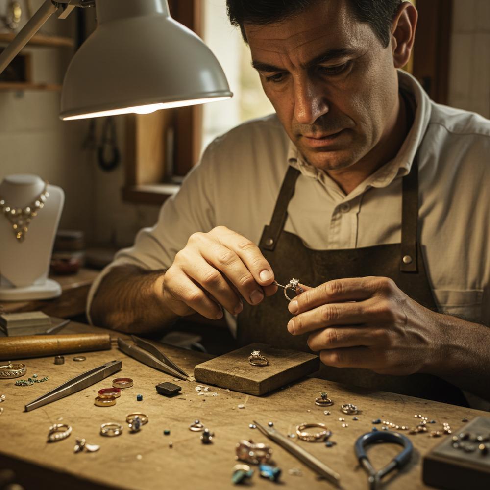 Close-up of a jeweler resizing a ring with precision tools